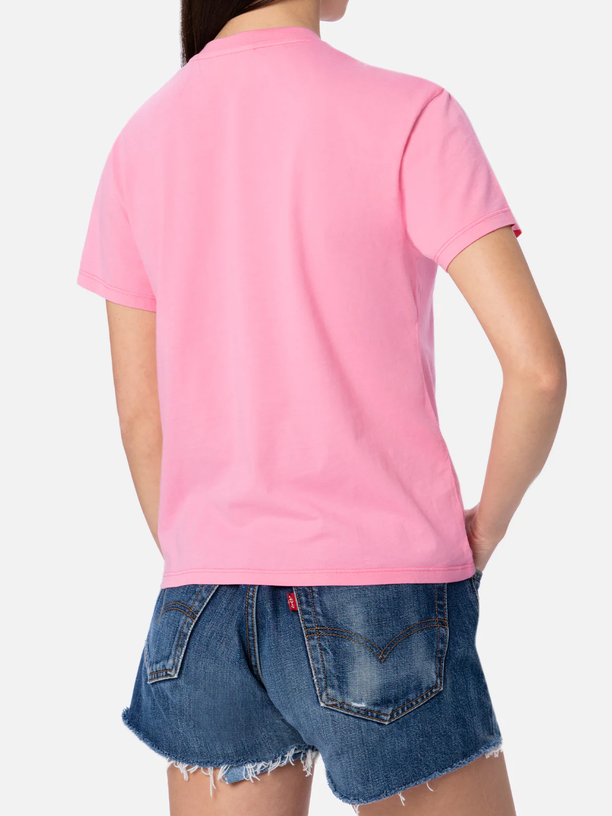 Emilie dames T-shirt met ronde hals, roze katoenen jersey en borduurwerk.