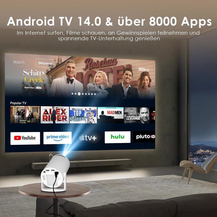 Proyector portátil mini TRAHOO - Compatible con 8K - Android 14 - WiFi 6 - Bluetooth 5.4 - Corrección trapezoidal automática
