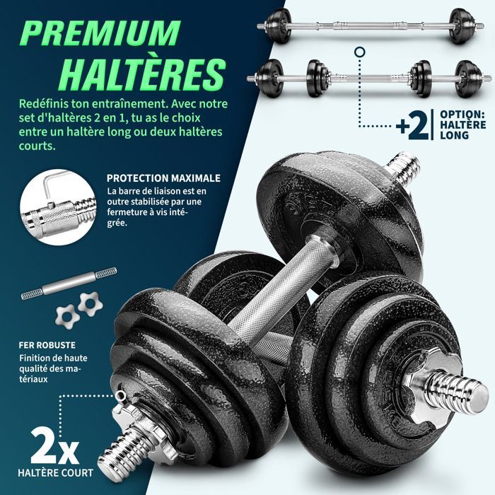 RE:SPORT 2-in-1 halterset | 20 kg | Modulaire gietijzeren halterset | Lange en korte halters