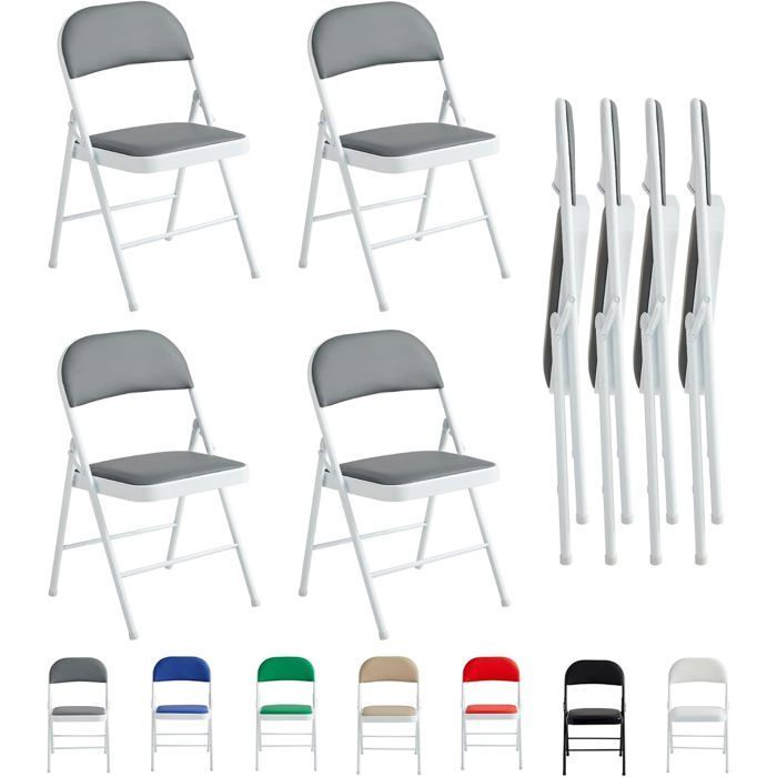 mcc direct Lot de 4 chaises pliantes en similicuir avec cadre en métal et siège rembourré (gris)