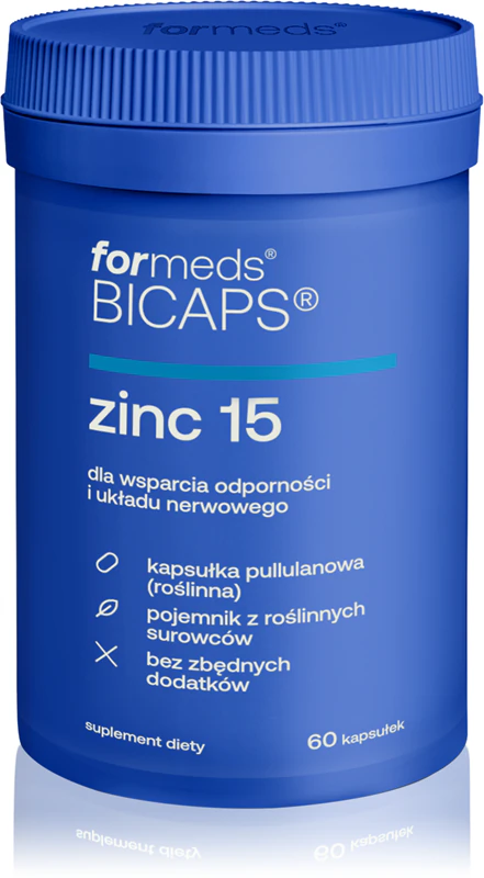 Cápsulas de suplemento alimentar de zinco Bicaps 15 para o funcionamento normal do sistema imunológico e a proteção das células contra o estresse oxidativo.