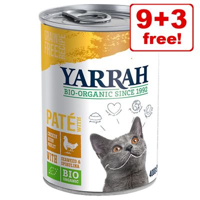 12 x 400 g/405 g Yarrah økologisk våtfôr til katter – 9 + 3 gratis!*