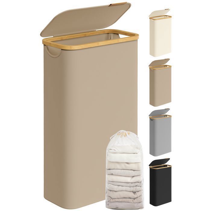 Cesto de ropa delgado SONGMICS con tapa, 65 L, forro de malla extraíble, tela Oxford, plegable, 42 x 22,5 x 70,5 cm, marrón