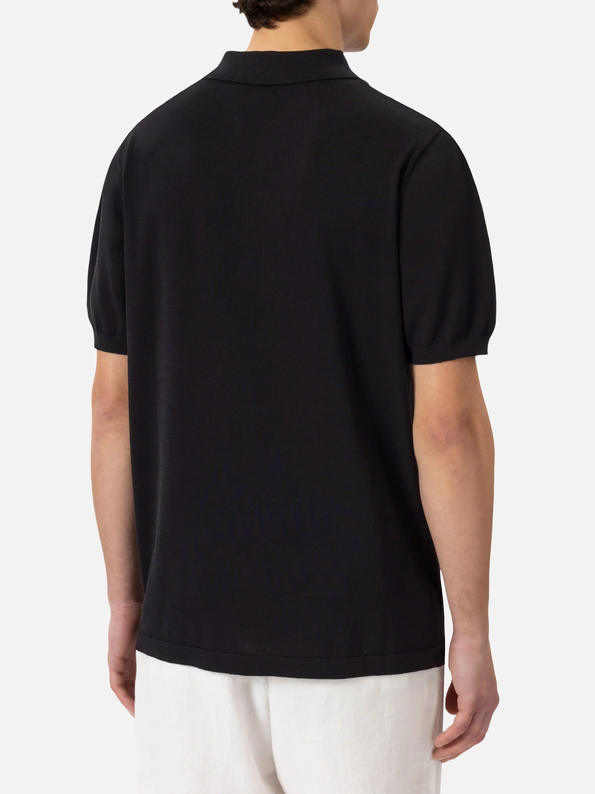 Sloan poloshirt in zwart gebreid zijde en katoen