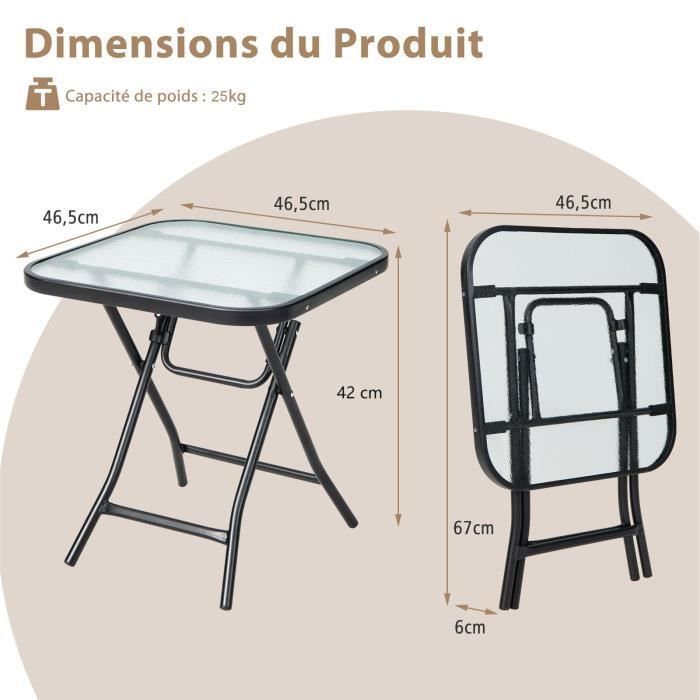 COSTWAY Folding Bistro Garden Table 46.5x46.5x42 cm in Glass and Steel for Indoor Outdoor Patio Balcony Load 25kg Black