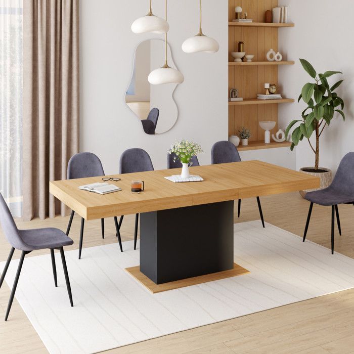 Mesa de comedor rectangular extensible - IDMARKET - EDEN - Madera y negro - 6-10 personas - 160-200 cm