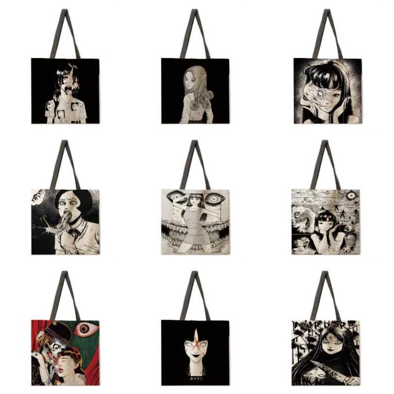 Borsa a tracolla da donna riutilizzabile con stampa a fumetti horror, borsa tote in tela da donna