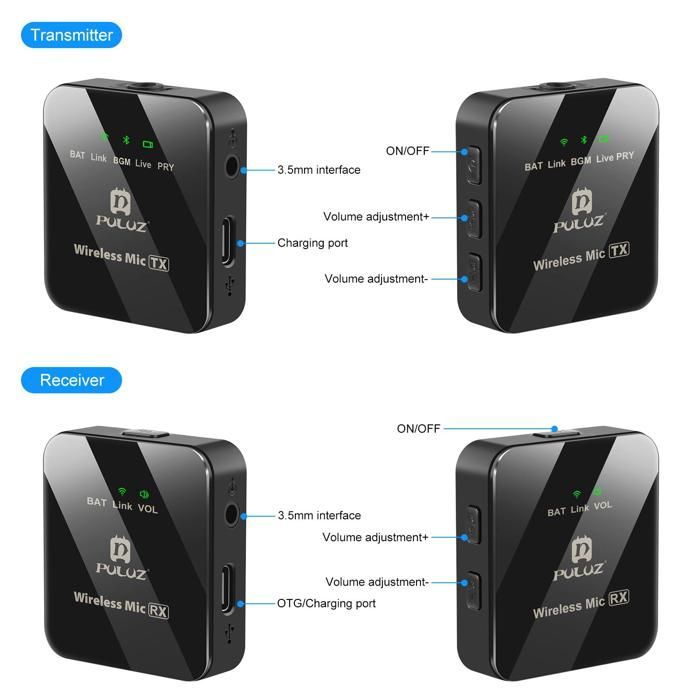 Micrófono de solapa inalámbrico con 2 transmisores y 1 receptor, Bluetooth 2.4G, negro.