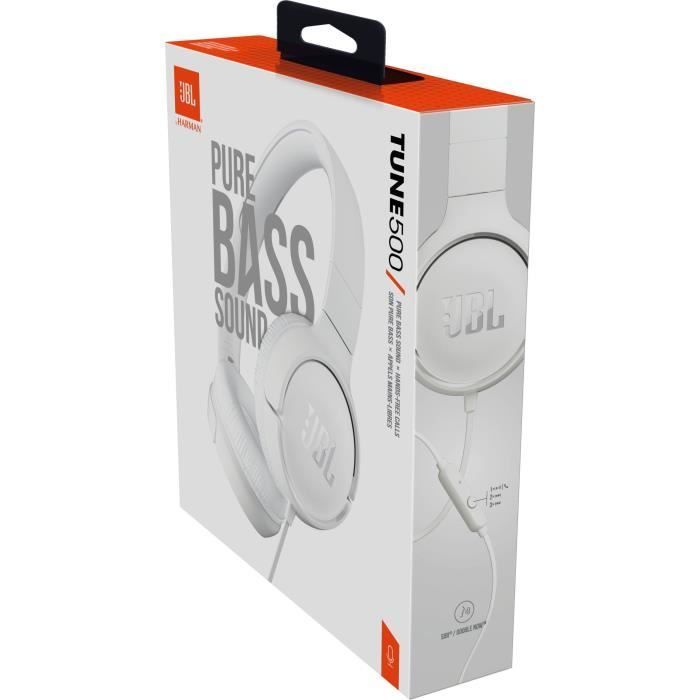 Casque filaire JBL Tune 500 - Son Pure Bass - Conception légère et et pliable - Blanc