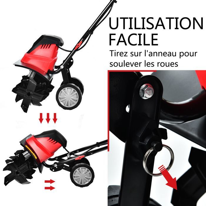 Motobineuse Motoculteur 1500W COSTWAY-Largeur 43cm,Profondeur 22cm-2 Roues Réglables-Bouclier-6 Fraises-Poignée Pliable-Rouge