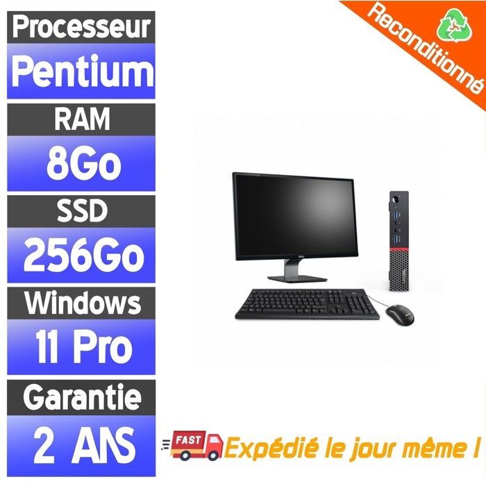 Ordenador de sobremesa Lenovo ThinkCentre Tiny reacondicionado, 8 GB de RAM, SSD de 256 GB, procesador Pentium G4400, pantalla de 22 pulgadas.