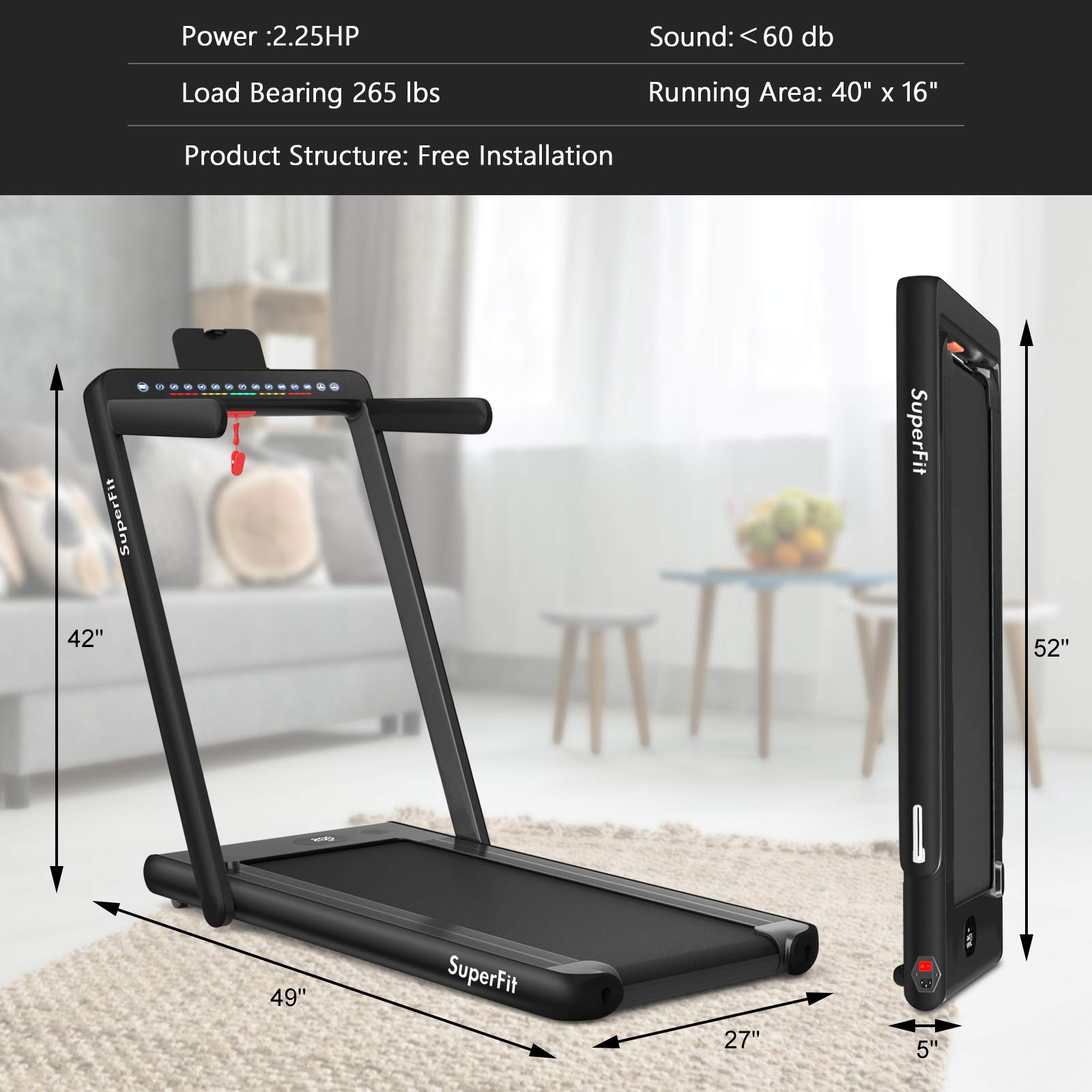 2-in-1-Klapplaufband mit Dual-Display, 2,25 PS Superfit-Elektro-Unterbau-Laufmatte