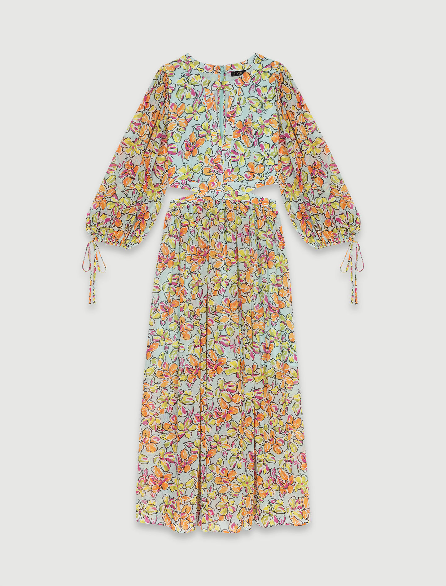 Rochie lungă plisată cu imprimeu - Hibiscus portocaliu / albastru