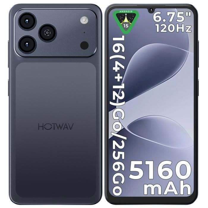 Smartphone Pas Cher HOTWAV A17 Pro Max-Cadeaux Scolaire-6,75 Pouces HD+ 5160mAh 4+256Go 13MP Téléphone Portable GPS/Face ID - Noir