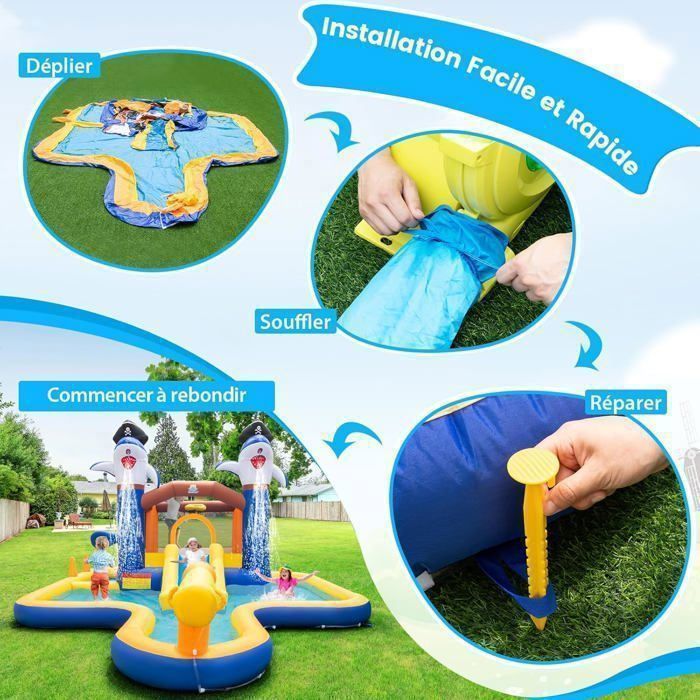 GOPLUS 7-in-1 Hüpfburg für Kinder von 3-10 Jahren, Wasserspielbereich mit Gebläse – Pool/Rutsche/Boxspiel/Wasserkanone – Belastbarkeit 45+45 kg