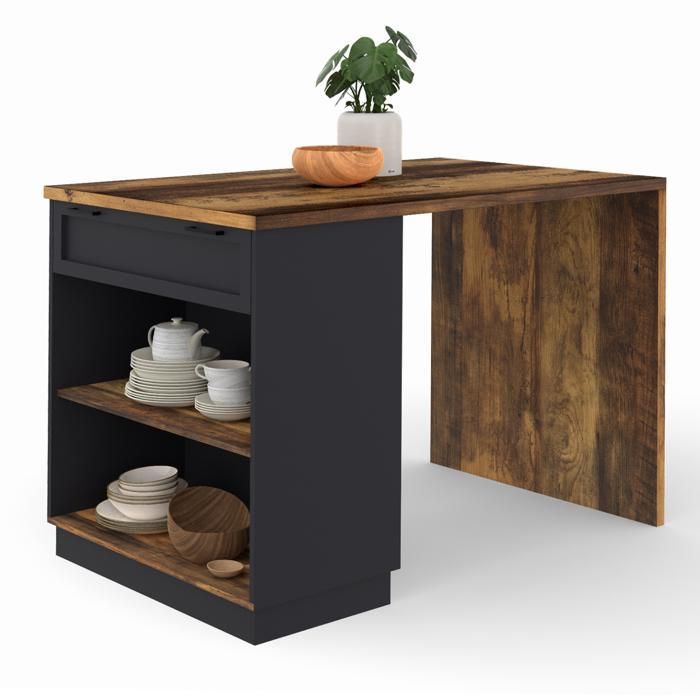 IDMARKET Ilot central mange-debout 4 personnes VITO 130 cm noir et effet bois foncé HAWKINS
