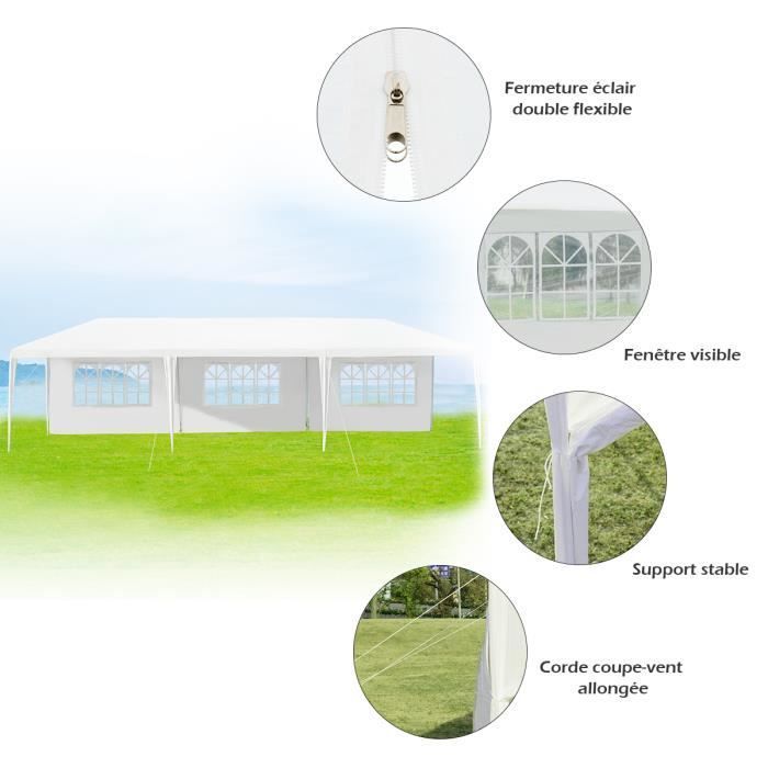 DREAMADE Tente de Réception 3x9 M Pliable en Tube Fer, Tonnelles en 5 Tissu PE, Pavillon de Jardin avec 3 Fenêtres pour Fête, Blanc