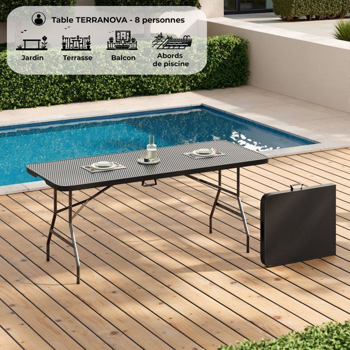 Tavolo da ricevimento pieghevole - TERRANOVA - Nero - Struttura in acciaio e piano in polietilene HDPE - 8 persone - 180x74xH73,5 cm