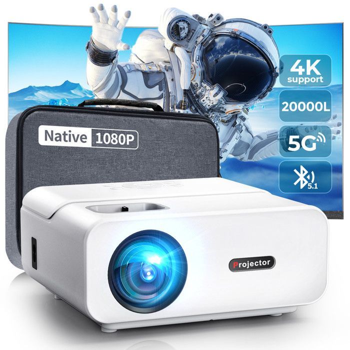 Mini projetor compatível com 4K, Full HD 1080p, Wi-Fi 5G+2.4G e Bluetooth para iOS/Android/TV Stick/PS5.
