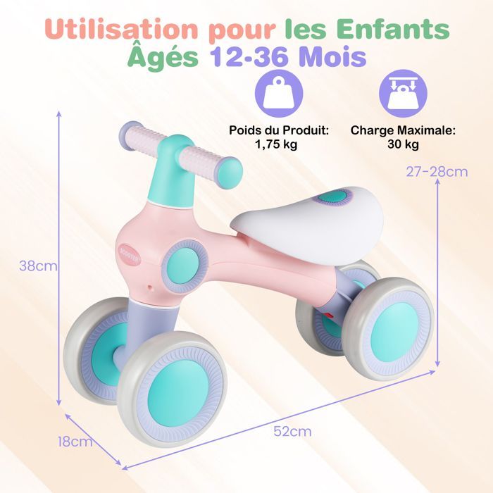 Cochecito infantil COSTWAY con 4 ruedas de EVA, asiento y manillar ajustables, para niños y niñas, capacidad de carga de 30 kg, 52 x 18 x 38 cm, rosa.