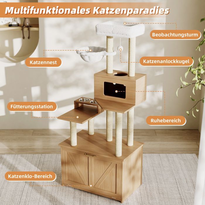 Arbre à chat -CDISPLAY -avec espace repas - 74 × 47 × 172 cm - Meuble multifonctionnel pour chat