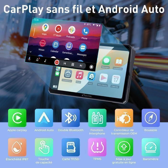 CARPURIDE W702BS Pro Autoradio Ecran Carplay pour BMW Moto , BMW Wonder Wheel, Carplay sans Fil & Android Auto,Lecture de données
