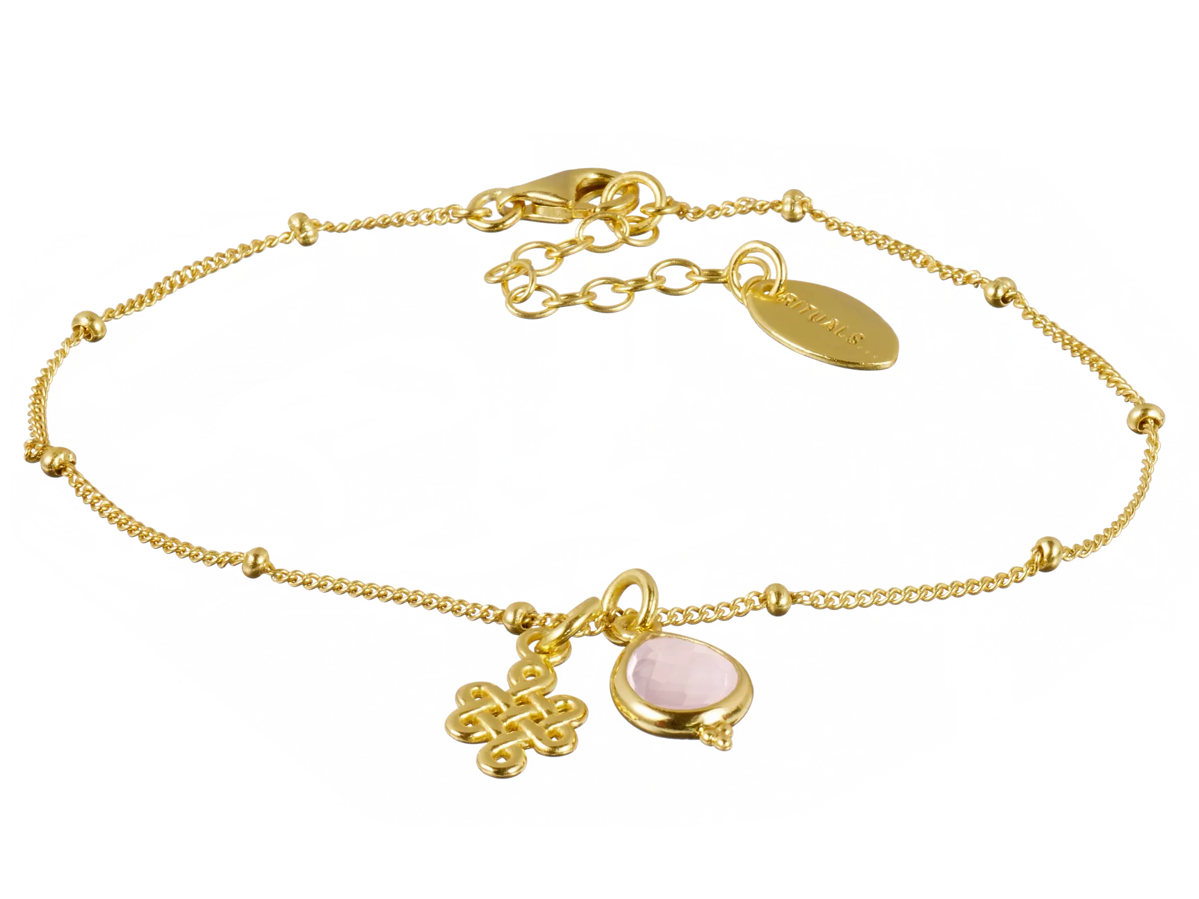 Pulsera con colgante infinito de cuarzo rosa chapada en oro