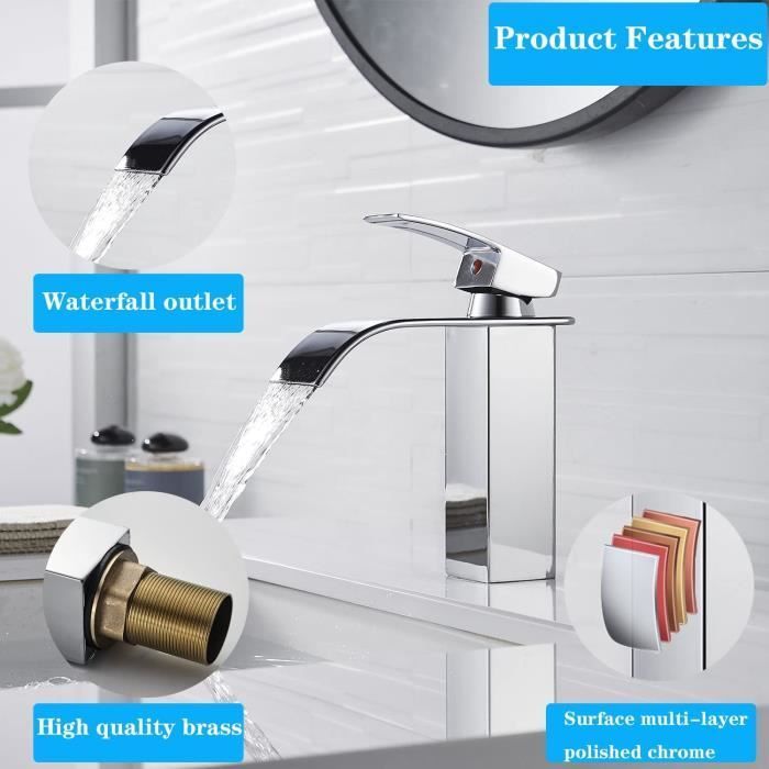 Robinet Salle de Bain Cascade Design Elégant Oricean - Mitigeur Lavabo Chromé G 3/8