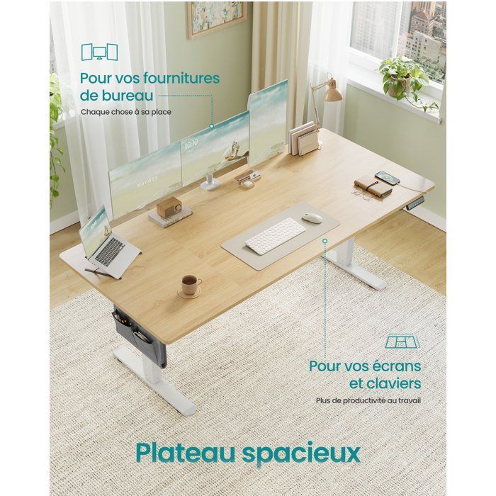 Bureau Électrique Réglable - SONGMICS - 180x80 cm - Mémoire 4 Hauteurs - USB-C - Doré Chêne