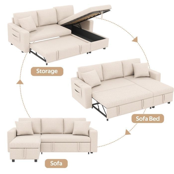 Sofá cama esquinero reversible de 3 plazas, tejido de lino, L219, sofá convertible con compartimento de almacenamiento, sofá en forma de L, beige