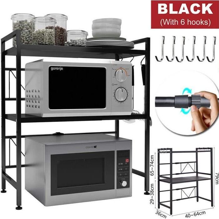 Meuble Rangement Cuisine,Support de Four à Micro Longeur Réglable 40-64cm avec 6 Crochets Amovibles - Noir