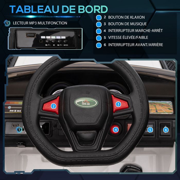 Coche eléctrico infantil HOMCOM, vehículo eléctrico de 12 V, doble motor, de 3 a 5 km/h, blanco.