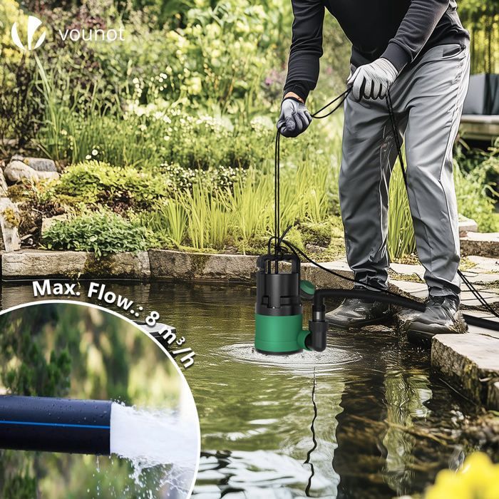 Bomba sumergible para aguas sucias VOUNOT® de 8000 l/h - Profundidad de 7 m - Automática con interruptor de flotador - Protección térmica