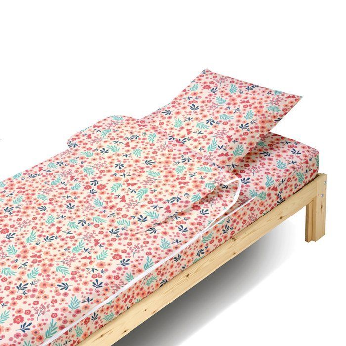 Caradou® Set di biancheria da letto di ricambio per bambini con design floreale in cotone, 3 pezzi - Set completo senza piumone - 90x190 cm - BLU CALIN