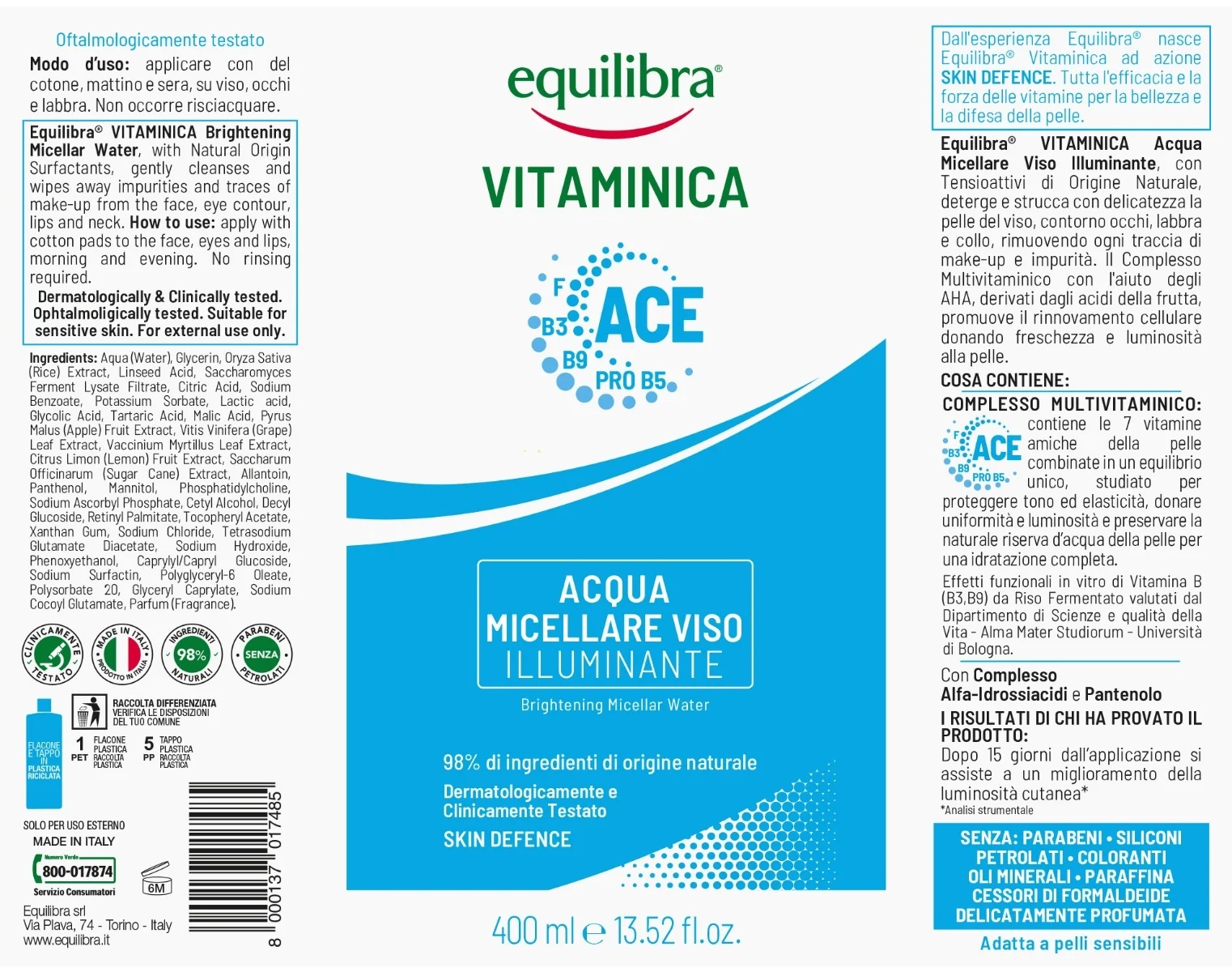 Equilibra Equilibra vitamine micellair gezichtswater 400 ml gezichtsreiniging