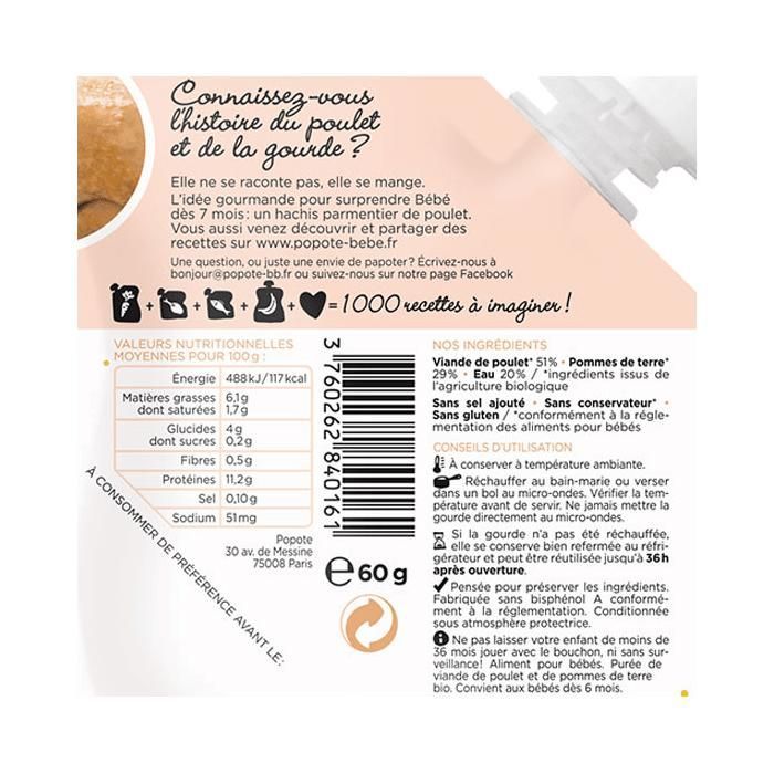 Popote Les Viandes Gourde Poulet +6m Bio 60g
