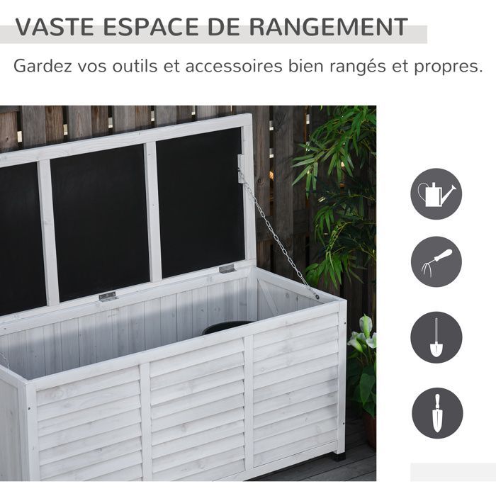 Caja de almacenamiento exterior Outsunny - 283 L - pequeñas aberturas en la parte inferior - 2 cadenas - madera - 127 x 56 x 60 cm - blanco