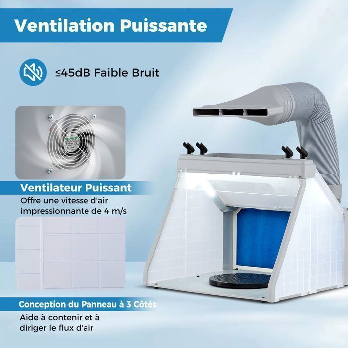 Cabine de Peinture Aérographe Portable COSTWAY-4m³/min-Plateau Tournant 19 CM-3 Lumières LED-Tuyau Extensible-Filtre à 2 Couches