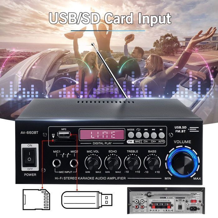 Amplificador de 2000 W con Bluetooth 5.0 integrado, amplificador estéreo digital HiFi, radio FM.
