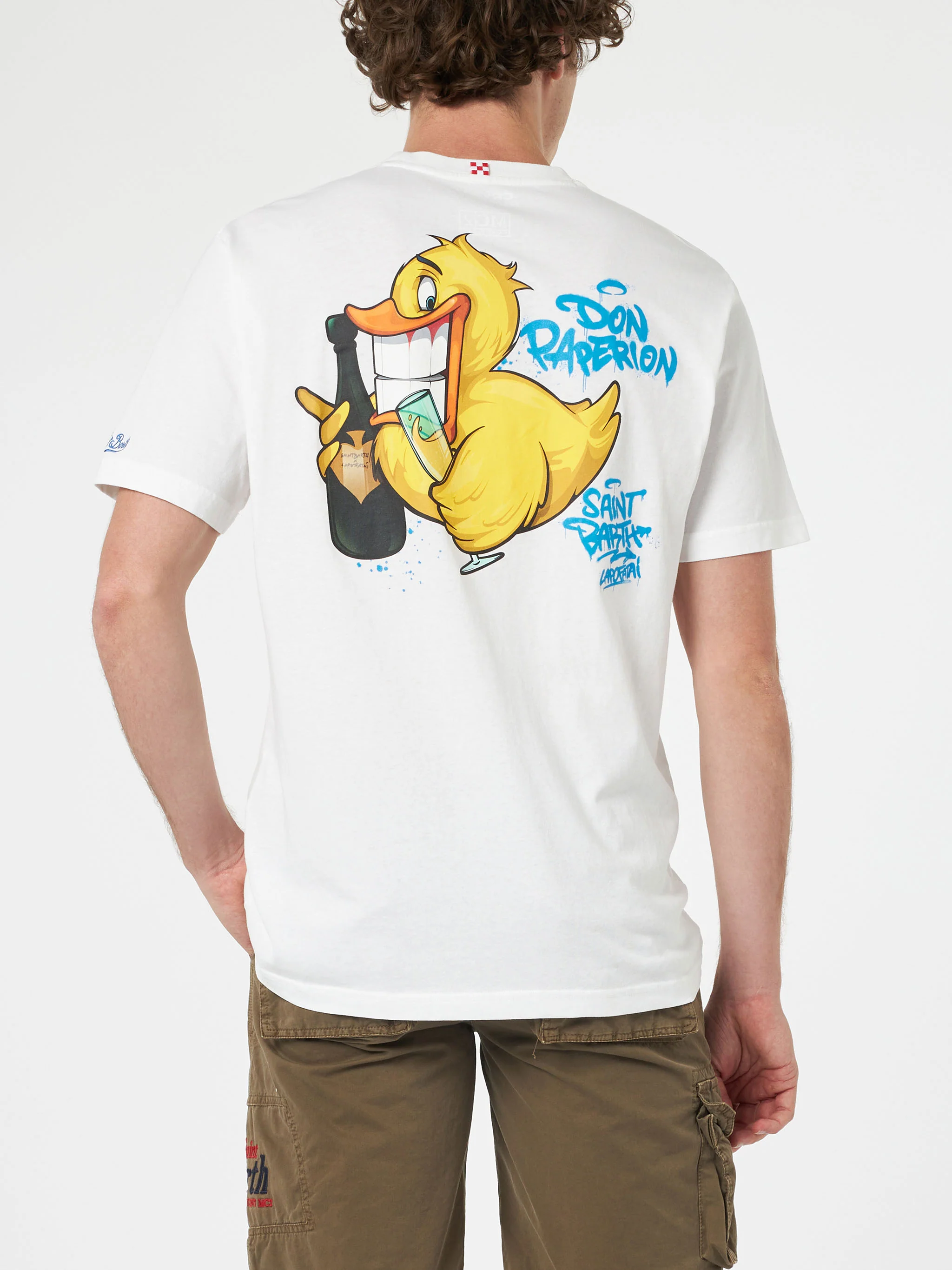 Heren katoenen T-shirt met Cryptopup-print op de voor- en achterkant.