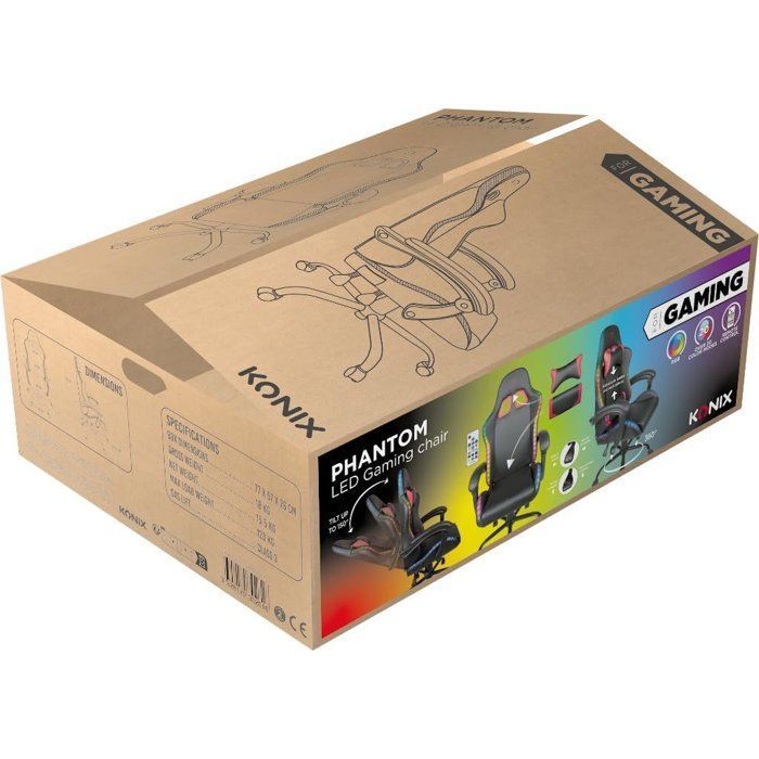 Silla gaming KONIX - Phantom - Iluminación RGB - Reclinación de 135° - Material sintético - Cojines lumbares y cervicales - Color negro