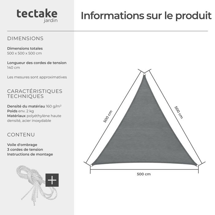 TECTAKE Toldo de sombra - Toldo triangular de polietileno de 5 x 5 x 5 m - Gris