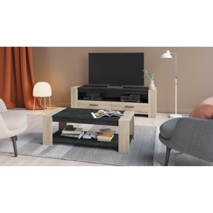 Conjunto de salón SHEFFIELD compuesto por: mesa de centro con doble estante superior e inferior + mueble para TV con 2 cajones - DEMEYERE