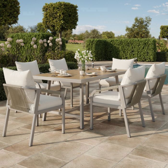 Conjunto de muebles de jardín para exteriores, comedor para 6 personas, 1 mesa y 6 sillas, estructura de acero galvanizado.