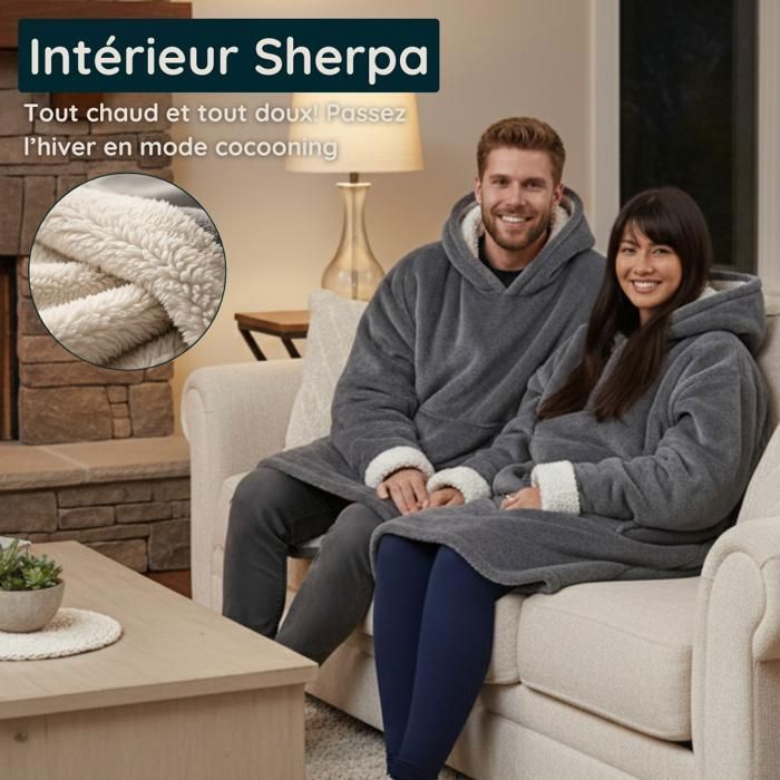Karierter Pullover mit Ärmeln, Kapuze und Tasche – Einheitsgröße 118 x 85 cm, für Erwachsene (Damen und Herren) – Sherpa-Futter – Grau