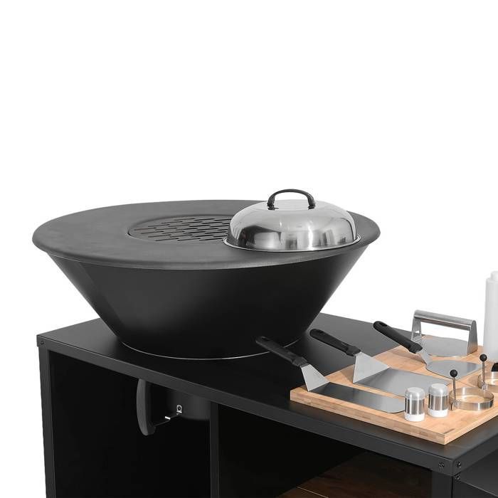 Barbacoa tipo brasero Stromboli de 80 cm de diámetro, mesa auxiliar con compartimentos de almacenamiento, tapa y utensilios.