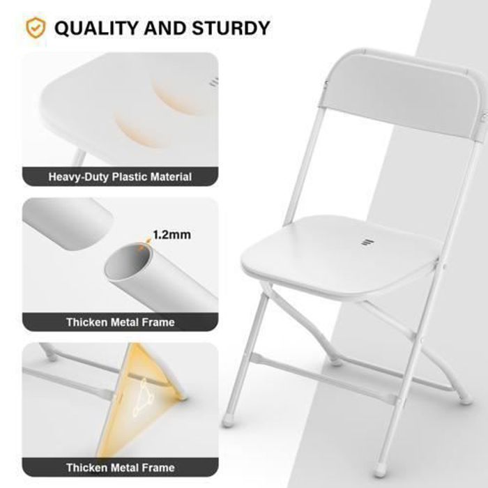 Lot de 20 chaises pliantes en plastique blanc, sièges commerciaux empilables portables intérieurs et extérieurs avec cadre en acier
