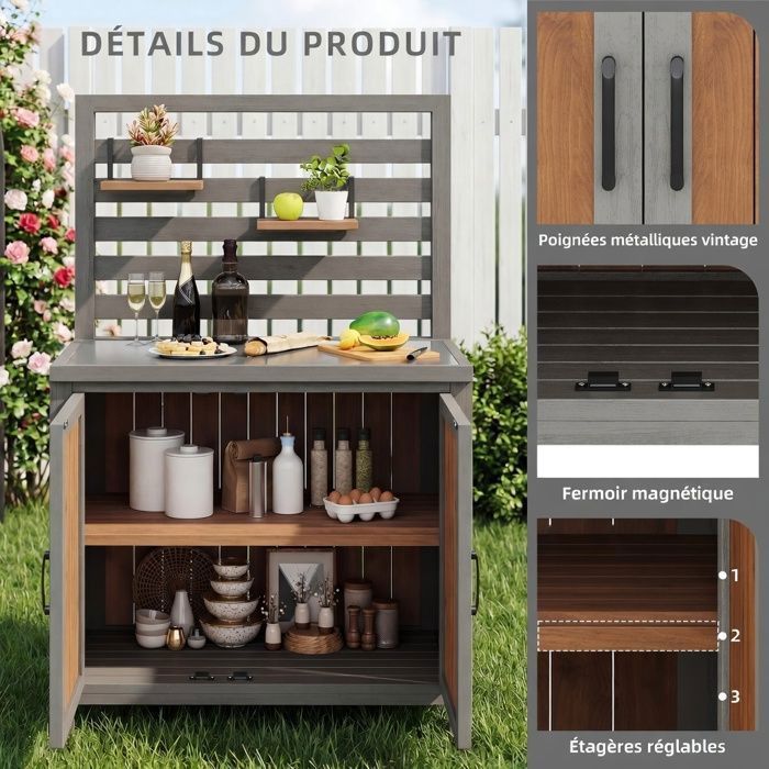 Meuble Rangement Jardin Outdoor Noir - Armoire Météo avec Plan Travail Inox, Grande Tiroir, Étagères Réglables, Anti-Basculement