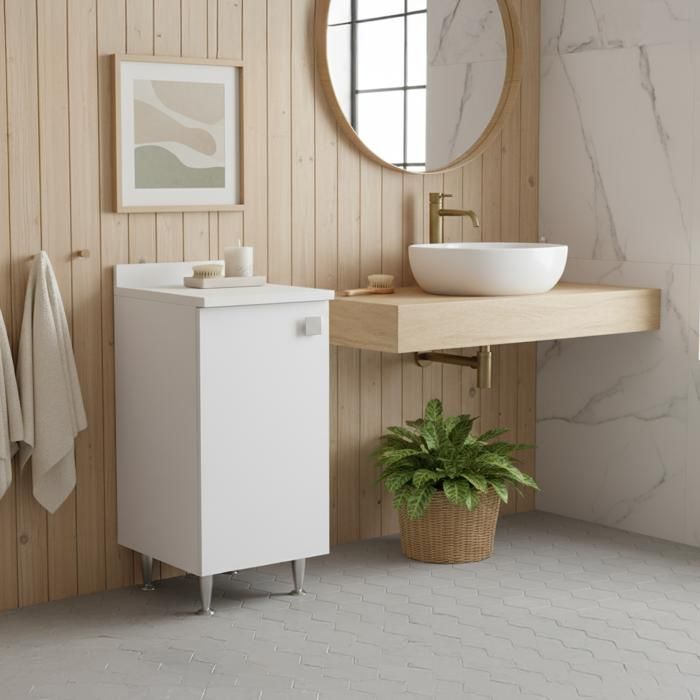 Meuble Bas Blanc 1 Porte | Armoire de Rangement Moderne avec Étagère Réglable | Livré Monté pour Salle de Bain/Entrée/Buanderie