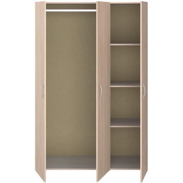 Wardrobe - EASY LIFE - Light Oak Finish - 3 Hinged Doors - W120.2 x H180 x D49.7cm - PARISOT EASY LIFE